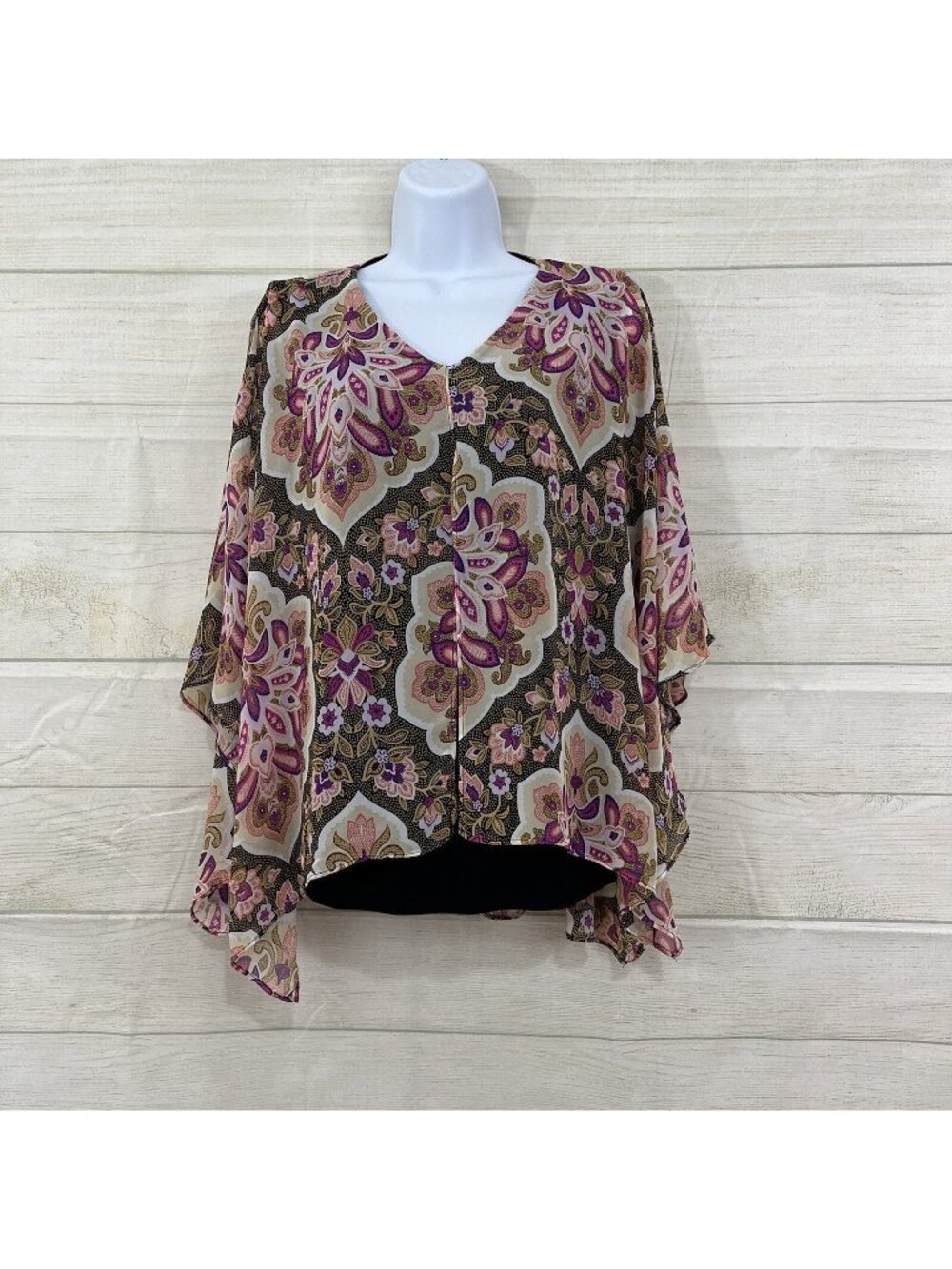 JM Collection Green Pink Paisley V Neck Sheer Blouse